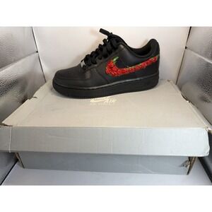 Nike Air Force 1 GS 5.5Y Black Custom Red Rose Swoosh Sneakers